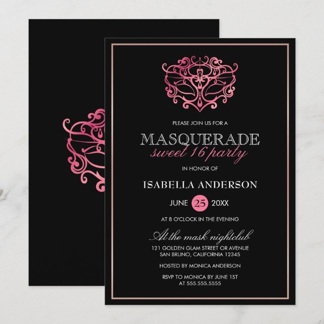 Pink, Rose Gold & Black Masquerade Sweet 16 Party Invitation (Front/Back)
