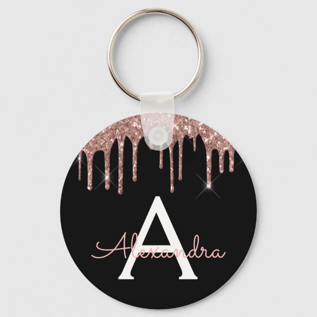 Pink Rose Gold Black Sparkly Glitter Monogram Key Ring (Front)
