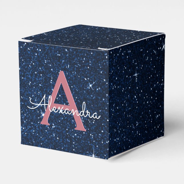 Pink Rose Gold & Blue Sparkle Glitter Monogram Favour Box (Front Side)