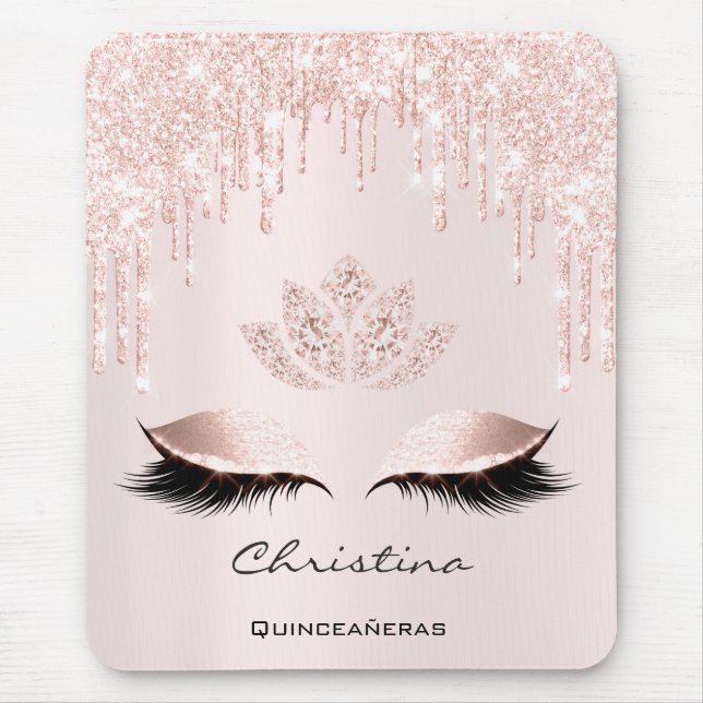 Pink Rose Gold Blush Drip Sparkly Lotus Name Pink Mouse Mat (Front)