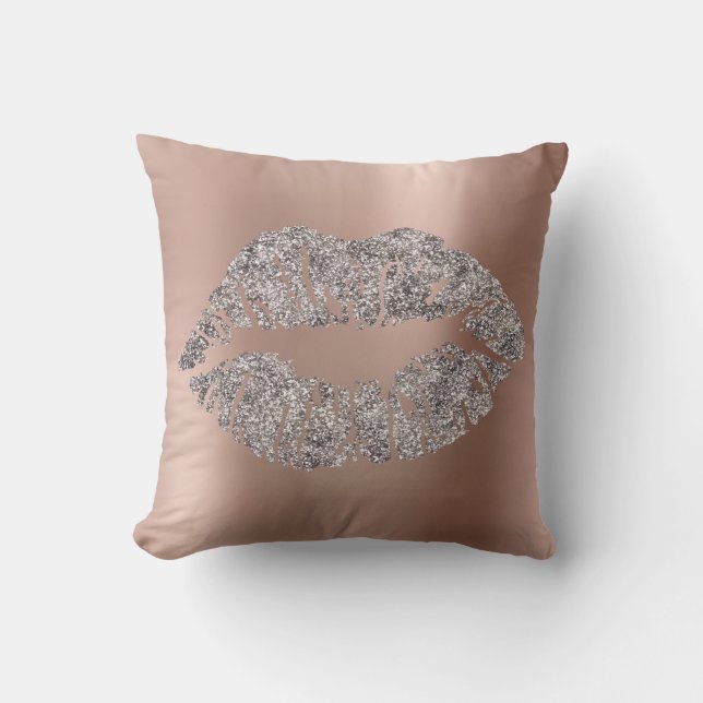 Pink Rose Gold Blush Glitter Kiss Gray Metallic Cushion (Front)