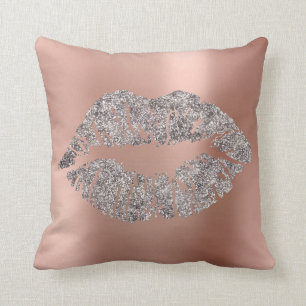 Pink Rose Gold Blush Glitter Kiss Gray Metallic Cushion
