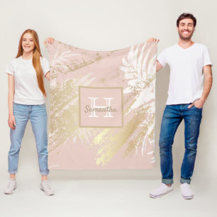 Pink rose gold blush leaves foliage monogram fleece blanket