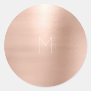 Pink Rose Gold Blush Metal Monogram White Classic Round Sticker