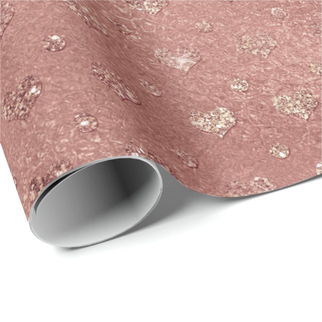 Pink Rose Gold Blush Peach Powder Glass Hearts Wrapping Paper (Roll Corner)