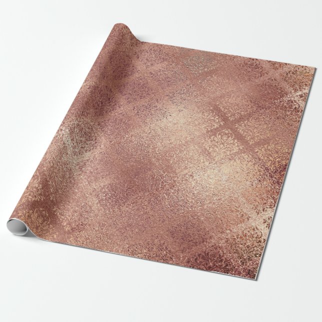Pink Rose Gold Blush Peach Shiny Glass Damask Wrapping Paper (Unrolled)