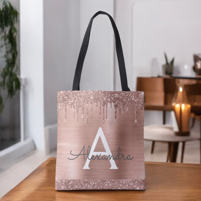 Pink Rose Gold Blush Pink Glitter Elegant Monogram Tote Bag (Creator Uploaded)