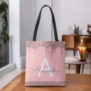 Pink Rose Gold Blush Pink Glitter Elegant Monogram Tote Bag