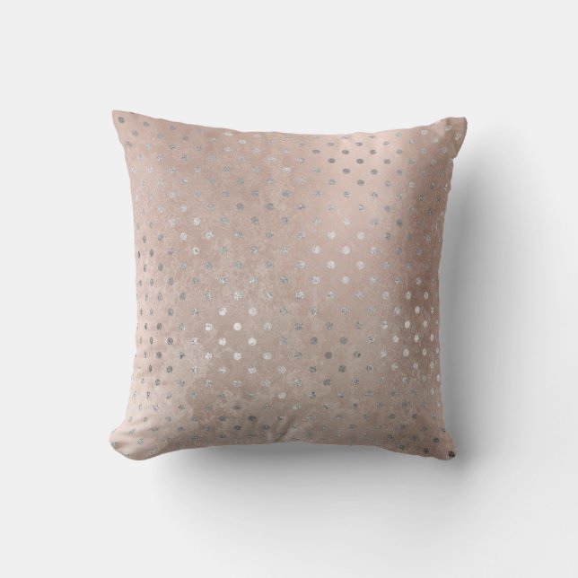 Pink Rose Gold Blush Powde Grungy Silver Gray Dots Cushion (Front)