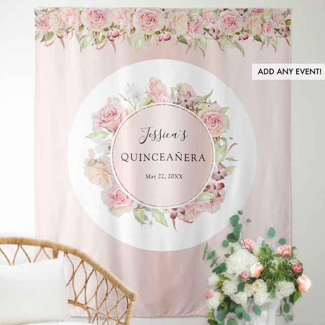 Pink, Rose Gold, Blush Quinceañera Photo Backdrop  Tapestry (Creator Uploaded)
