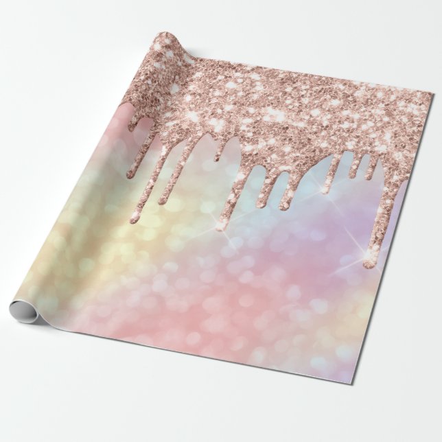 Pink Rose Gold Blush Unicorn HolographDrip Glitter Wrapping Paper (Unrolled)