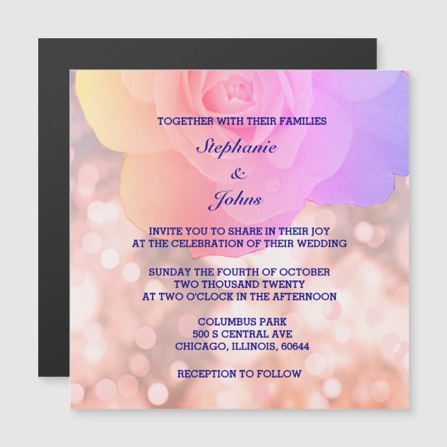 Pink Rose Gold Bokeh Navy Blue Floral Glitter Magnetic Invitation (Front/Back)