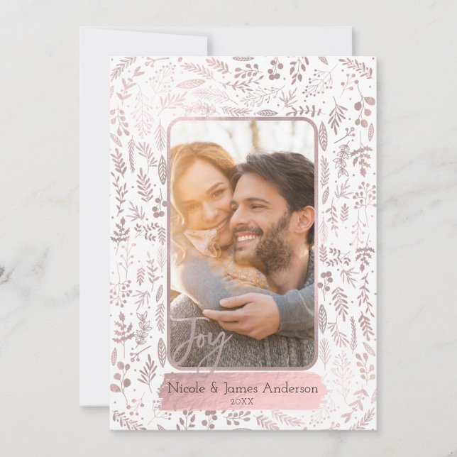 Pink Rose Gold Botanical Modern Glam Holiday Photo (Front)