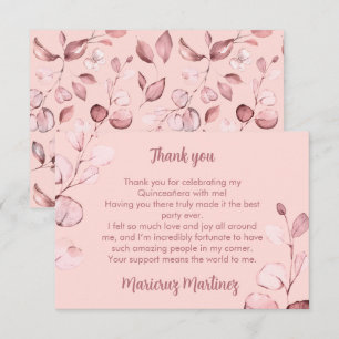 Pink Rose Gold Botanical Quinceañera Thank You Card