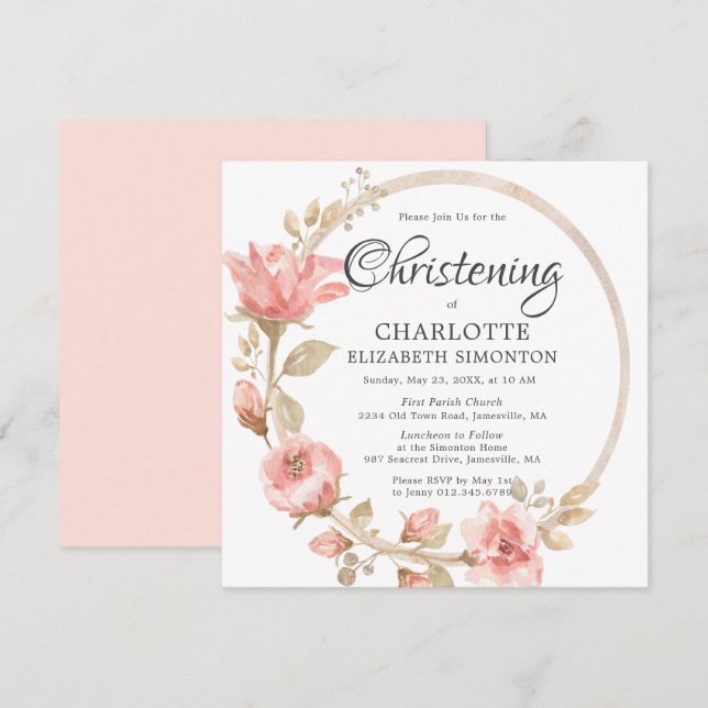 Pink Rose Gold Botanical Square Christening Invitation (Front/Back)