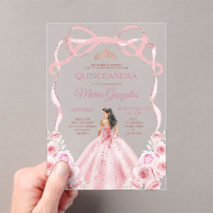 Pink Rose Gold Bow Crown Princess Girl Quinceañera Acrylic Invitations