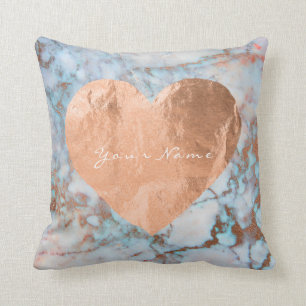 Pink Rose Gold Brush Heart Blue Ocean Marble Cushion