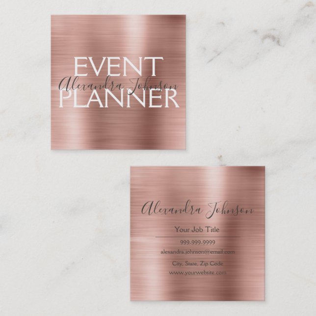 Pink & Rose Gold Brushed Metal Event Planner Square Business Card (Front/Back)
