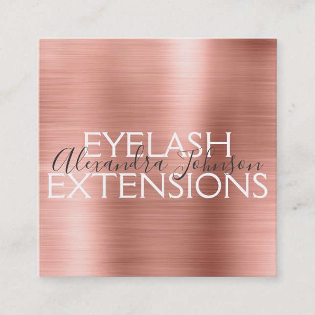Pink & Rose Gold Brushed Metal Eyelash Extensions Square Business Card (Front)