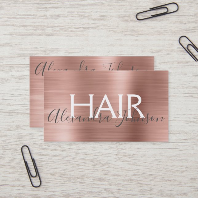 Pink & Rose Gold Brushed Metal Foil Hair Salon Business Card (Front/Back In Situ)