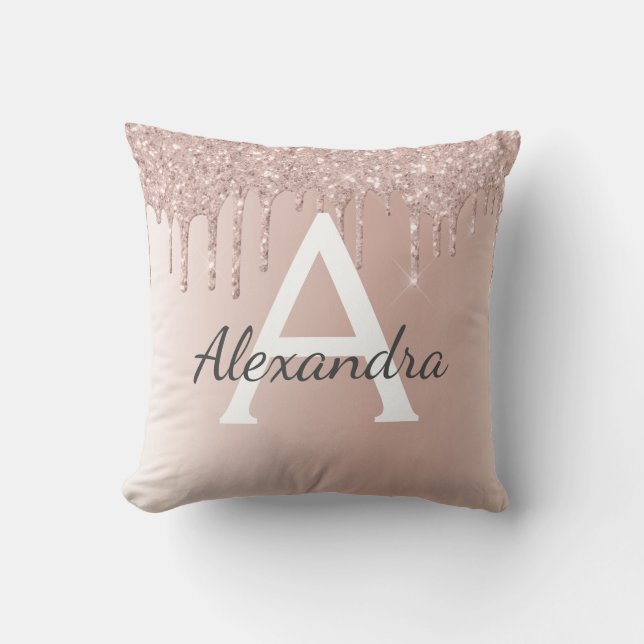 Pink Rose Gold Brushed Metal Girly Script Monogram Cushion (Front)
