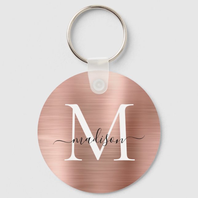 Pink Rose Gold Brushed Metal Girly Script Monogram Key Ring (Front)