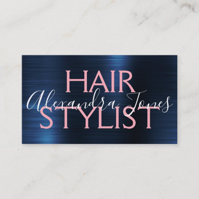 Pink & Rose Gold Brushed Metal Hair Stylist Business Card (Front)