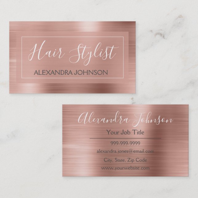 Pink & Rose Gold Brushed Metal Hair Stylist Business Card (Front/Back)