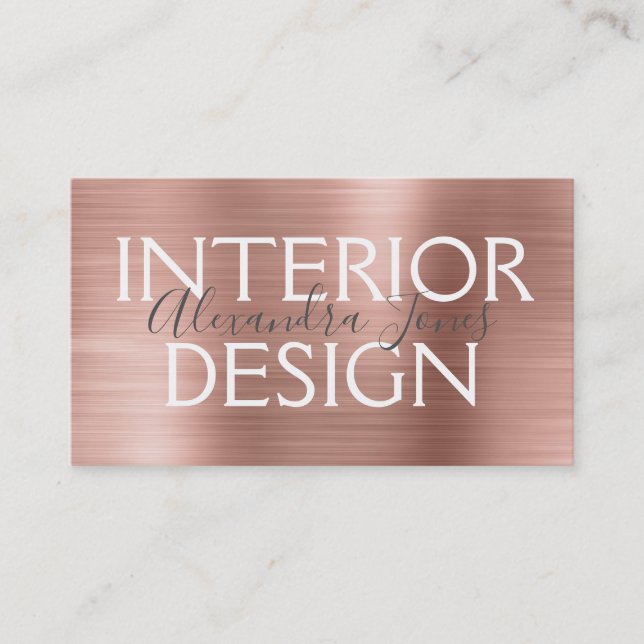 Pink & Rose Gold Brushed Metal Interior Design Business Card (Front)