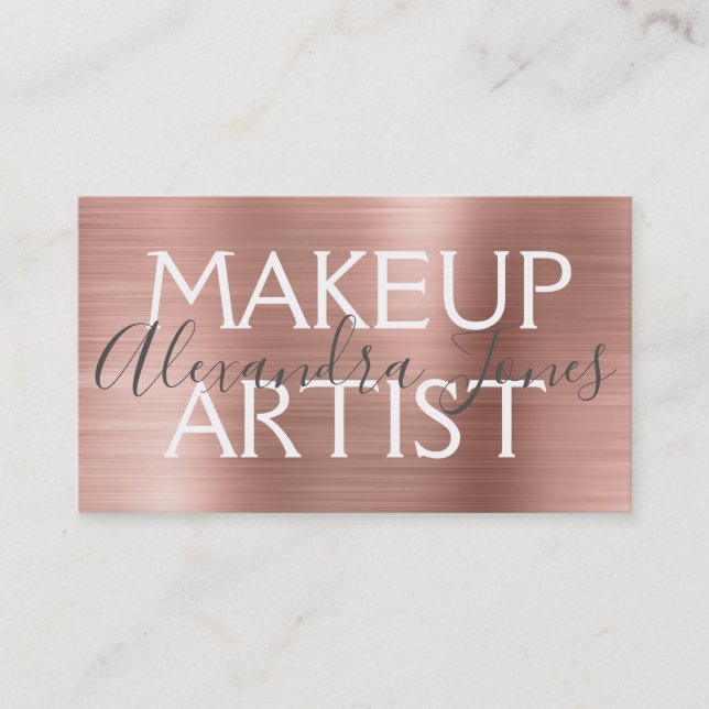 Pink & Rose Gold Brushed Metal Makeup Artist Business Card (Front)
