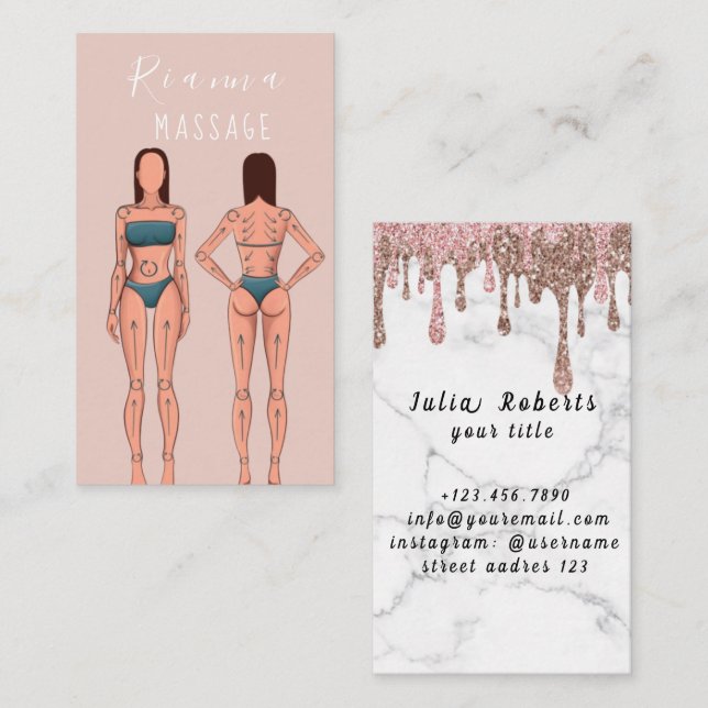 Pink & Rose Gold Brushed Metal Massage Therapist B Business Card (Front/Back)