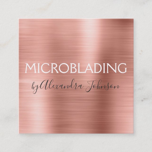 Pink & Rose Gold Brushed Metal Microblading Square Business Card (Front)