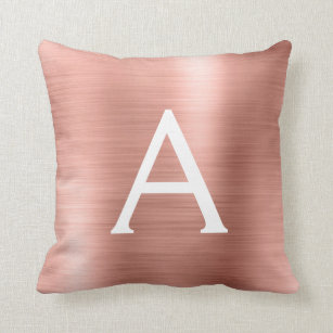 Pink Rose Gold Brushed Metal Monogram Name Cushion