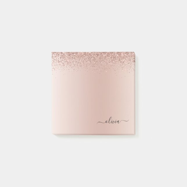 Pink Rose Gold Brushed Metal Monogram Name Post-it Notes (Front)