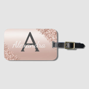 Pink Rose Gold Brushed Metal Script Monogram Cute Luggage Tag