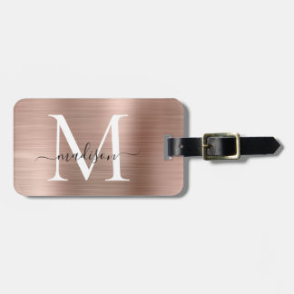 Pink Rose Gold Brushed Metal Script Monogram Cute Luggage Tag
