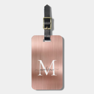 Pink Rose Gold Brushed Metal Script Monogram Glam Luggage Tag