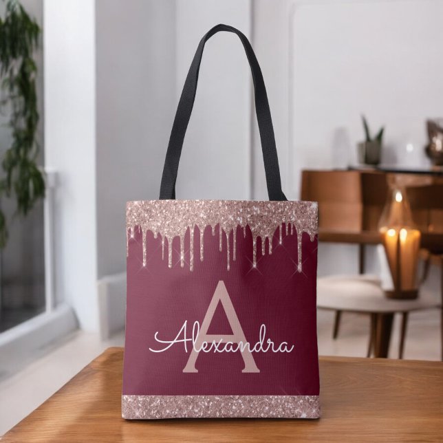 Pink Rose Gold Burgundy Glitter Elegant Monogram T Tote Bag (Creator Uploaded)