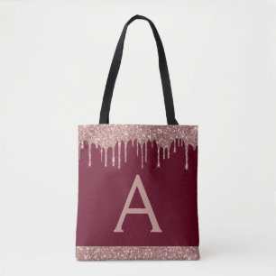 Pink Rose Gold Burgundy Glitter Elegant Monogram Tote Bag