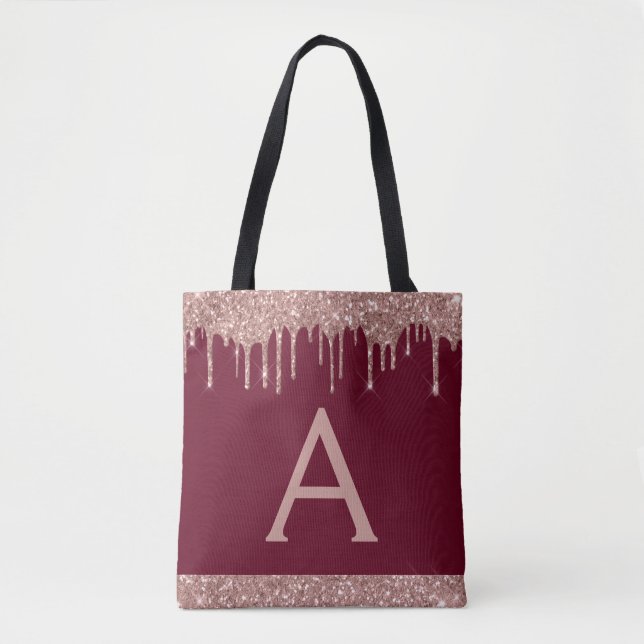 Pink Rose Gold Burgundy Glitter Elegant Monogram Tote Bag (Front)