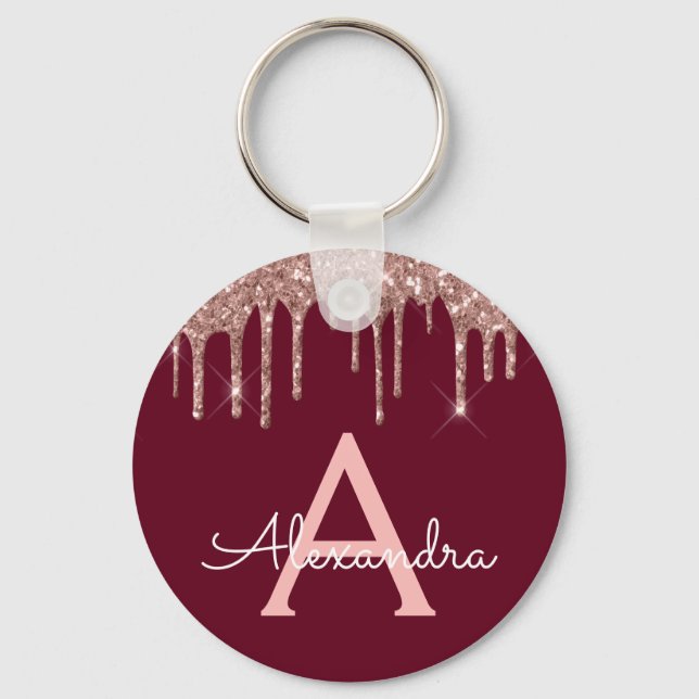 Pink Rose Gold Burgundy Glitter Monogram Key Ring (Front)