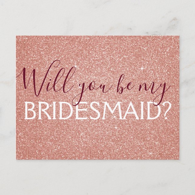 Pink Rose Gold Burgundy Glitter Sparkle Bridesmaid Invitation Postcard (Front)