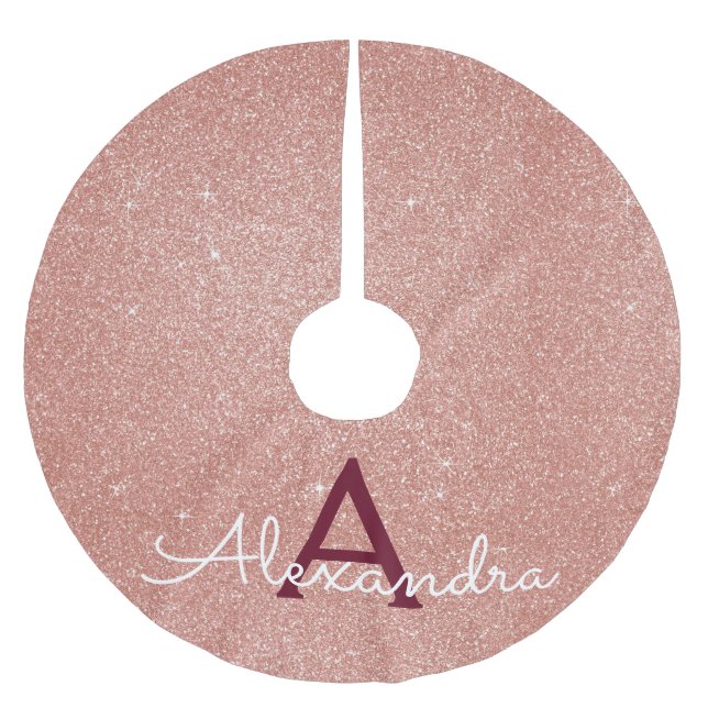 Pink Rose Gold Burgundy Glitter Sparkle Monogram Brushed Polyester Tree Skirt (Front)