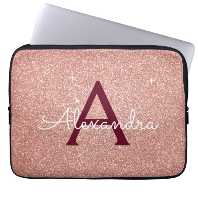 Pink Rose Gold Burgundy Glitter Sparkle Monogram Laptop Sleeve (Front)