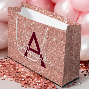 Pink Rose Gold Burgundy Glitter Sparkle Monogram Large Gift Bag