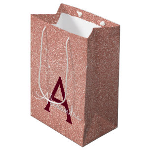 Pink Rose Gold Burgundy Glitter Sparkle Monogram Medium Gift Bag