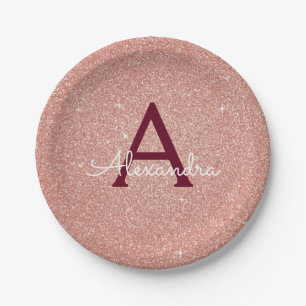 Pink Rose Gold Burgundy Glitter Sparkle Monogram Paper Plate