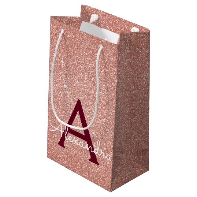 Pink Rose Gold Burgundy Glitter Sparkle Monogram Small Gift Bag (Back Angled)