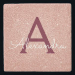 Pink Rose Gold Burgundy Glitter & Sparkle Monogram Stone Coaster<br><div class="desc">Pink Rose Gold and Burgundy Faux Glitter and Sparkle Elegant Stone Tile. These Stone Tiles can be customised to include your initial and first name.</div>