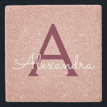 Pink Rose Gold Burgundy Glitter & Sparkle Monogram Stone Coaster<br><div class="desc">Pink Rose Gold and Burgundy Faux Glitter and Sparkle Elegant Stone Tile. These Stone Tiles can be customised to include your initial and first name.</div>